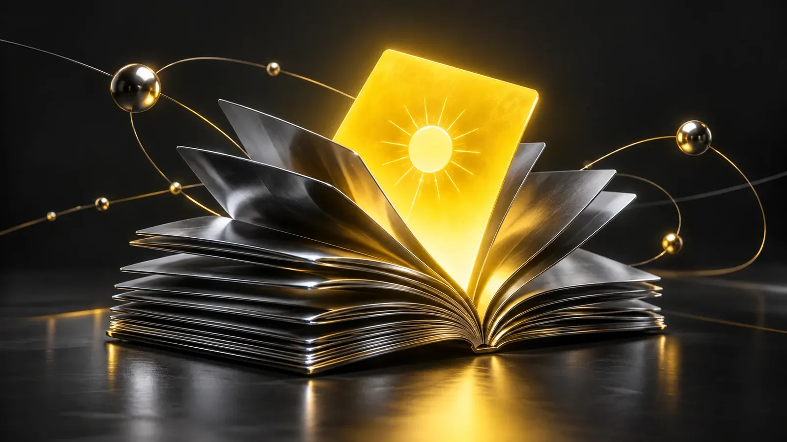 Eine gelbe Tafel ragt zwischen aufgefächerten Buchseiten aus Chrom hervor.