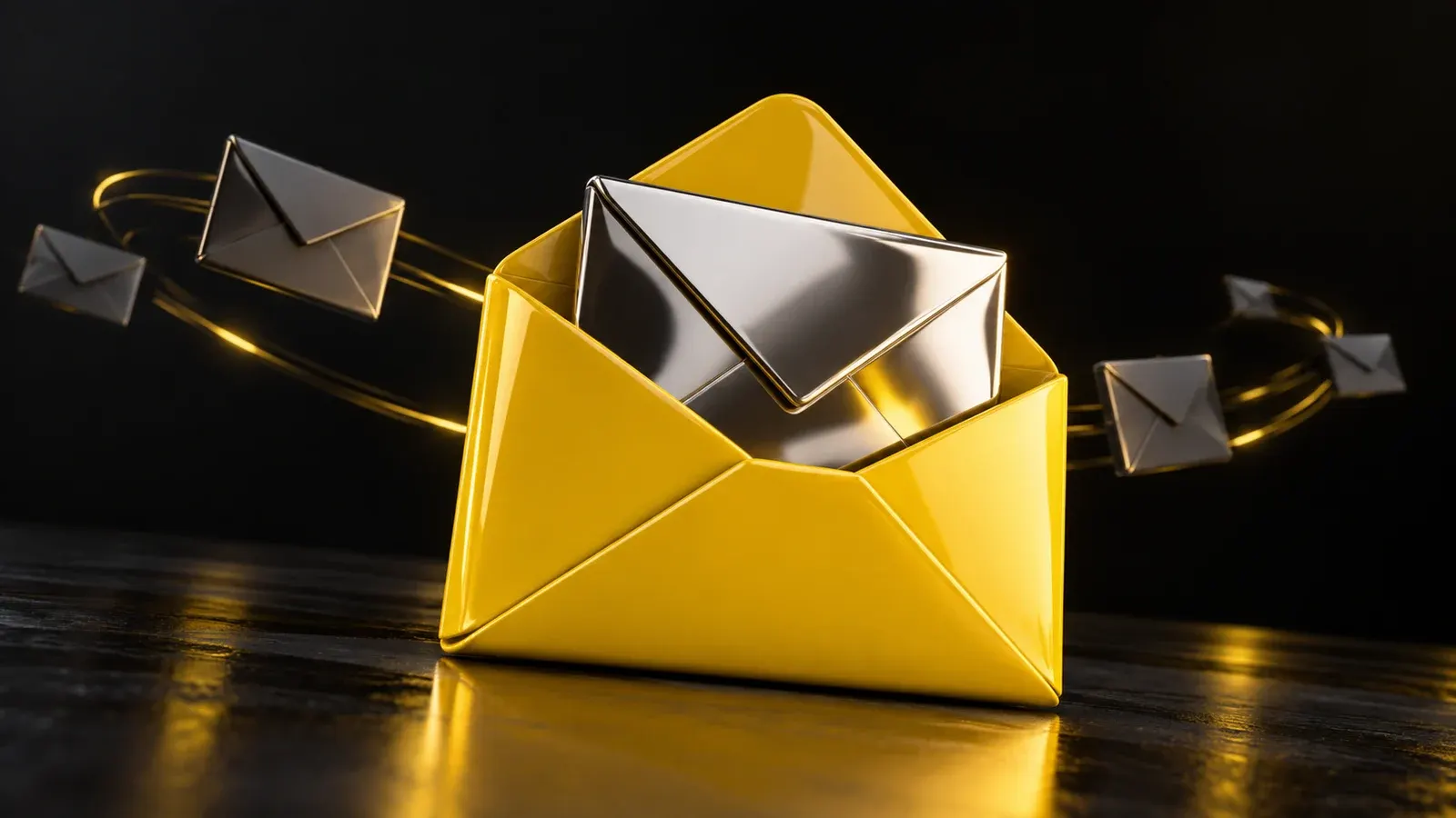 An open yellow envelope with a folded chrome letter and smaller dark envelopes.
