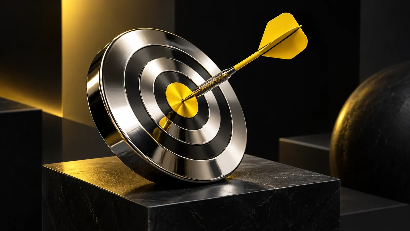 A yellow dart touches the centre of an angled chrome target.