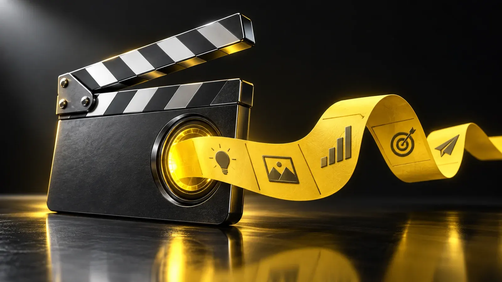 Ein gelber Papierstreifen fließt aus einer dunklen Filmklappe mit Chromdetails.