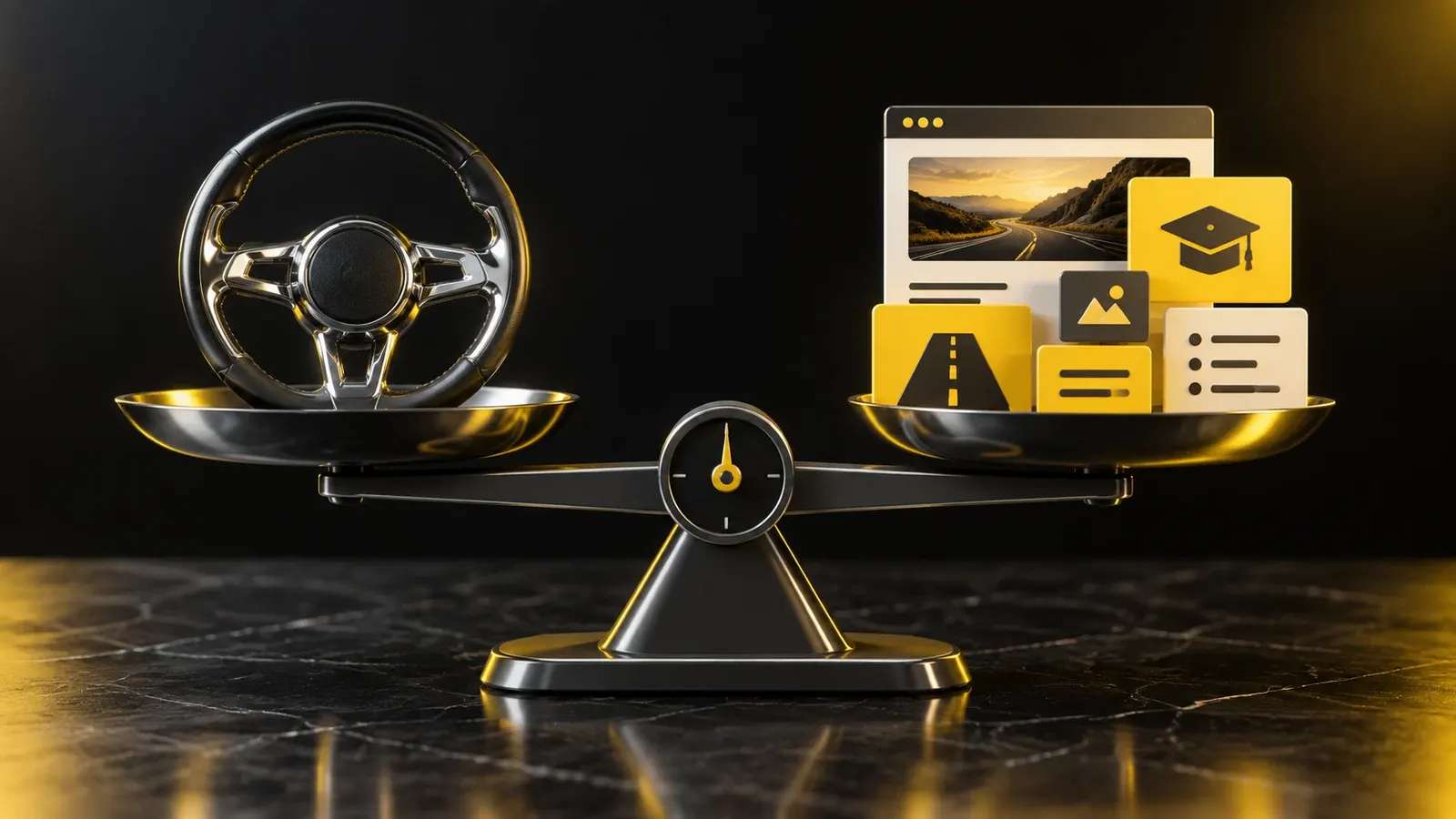 A dark scale balances a chrome steering wheel against yellow website blocks.