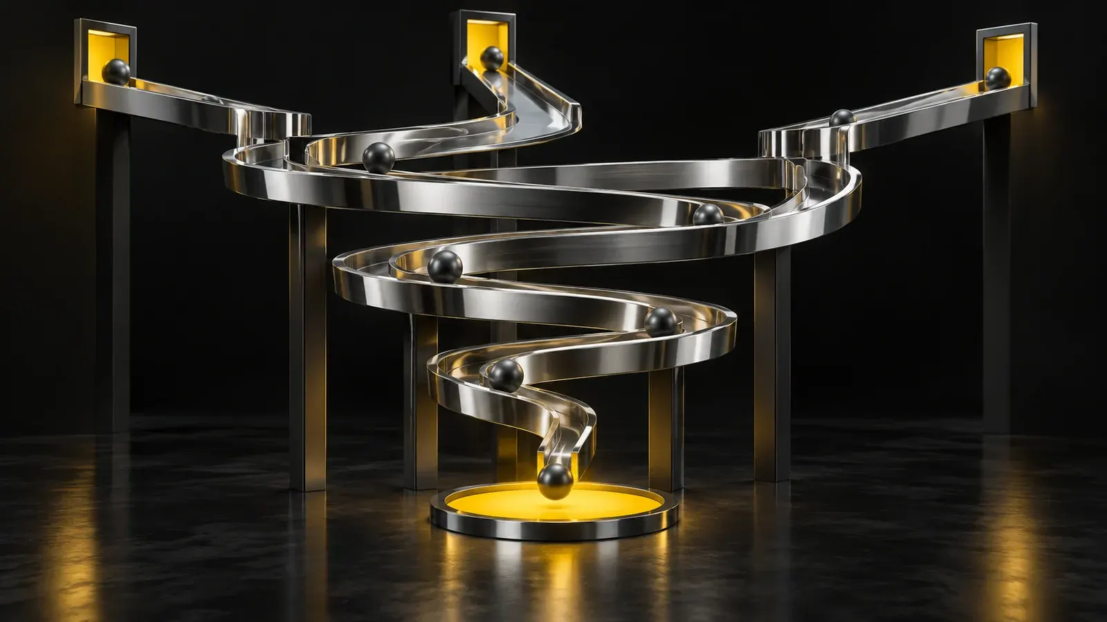A spiral chrome ramp with several entrances leads to a yellow landing circle.