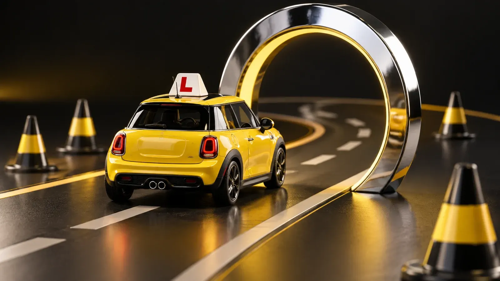 A yellow model car passes through a chrome target arch between dark lane markings.