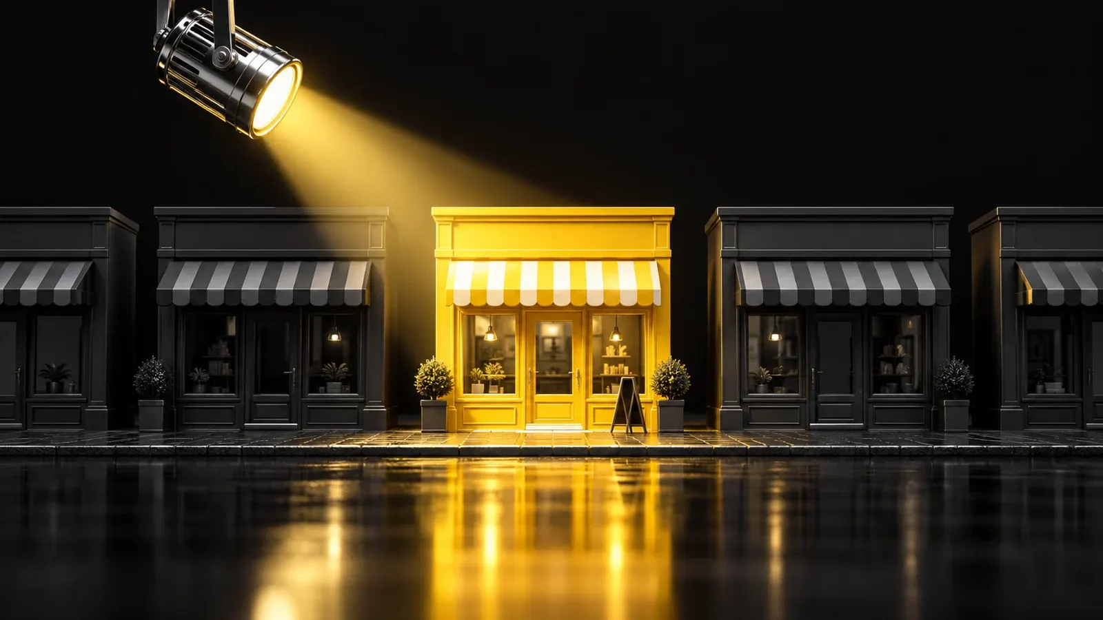 A chrome spotlight illuminates one yellow shop model among dark storefronts.