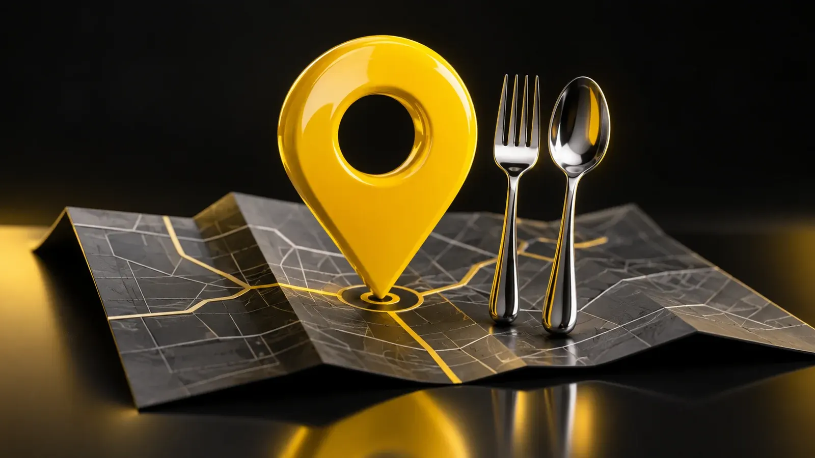A yellow location pin with a chrome fork and spoon on a folded dark map.