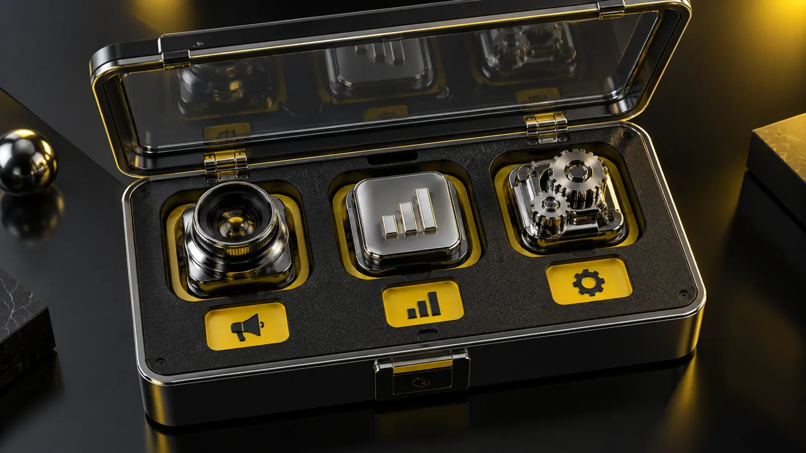 An open dark toolbox with yellow inserts and different chrome modules beneath glass.