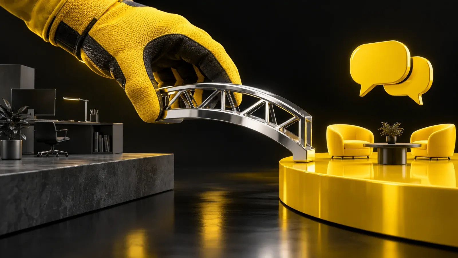 A yellow safety glove holds a chrome bridge segment between a workplace model and conversation station.