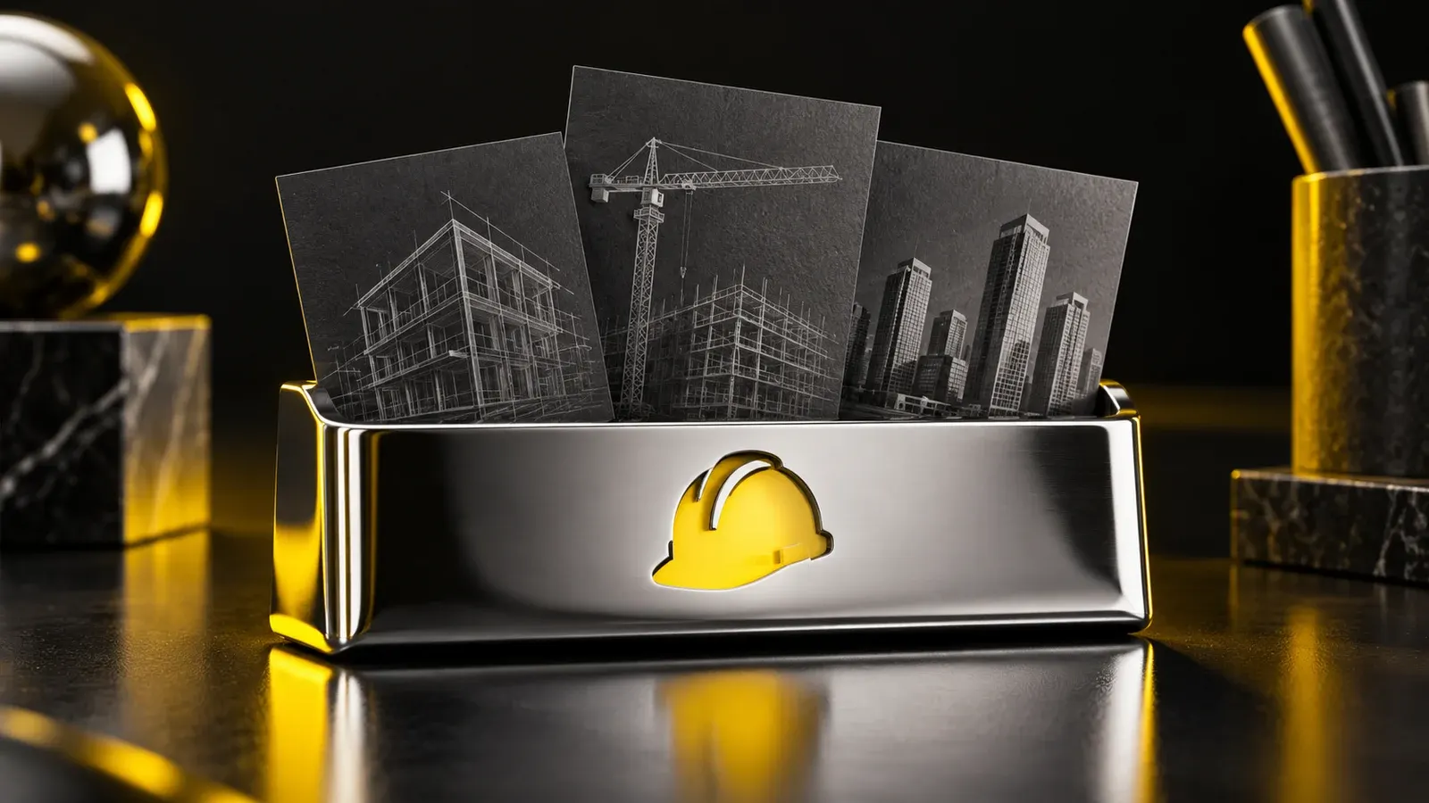 A chrome card holder with a yellow hard-hat symbol and staggered dark post sheets.