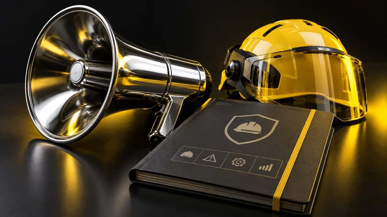 A chrome megaphone beside a yellow safety visor and a dark expertise folder.