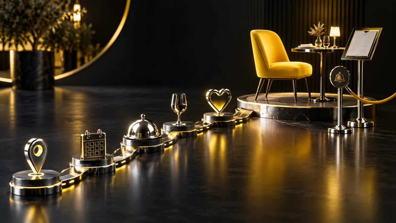 A yellow dining chair at the end of a chrome path with a menu stand and reservation token.