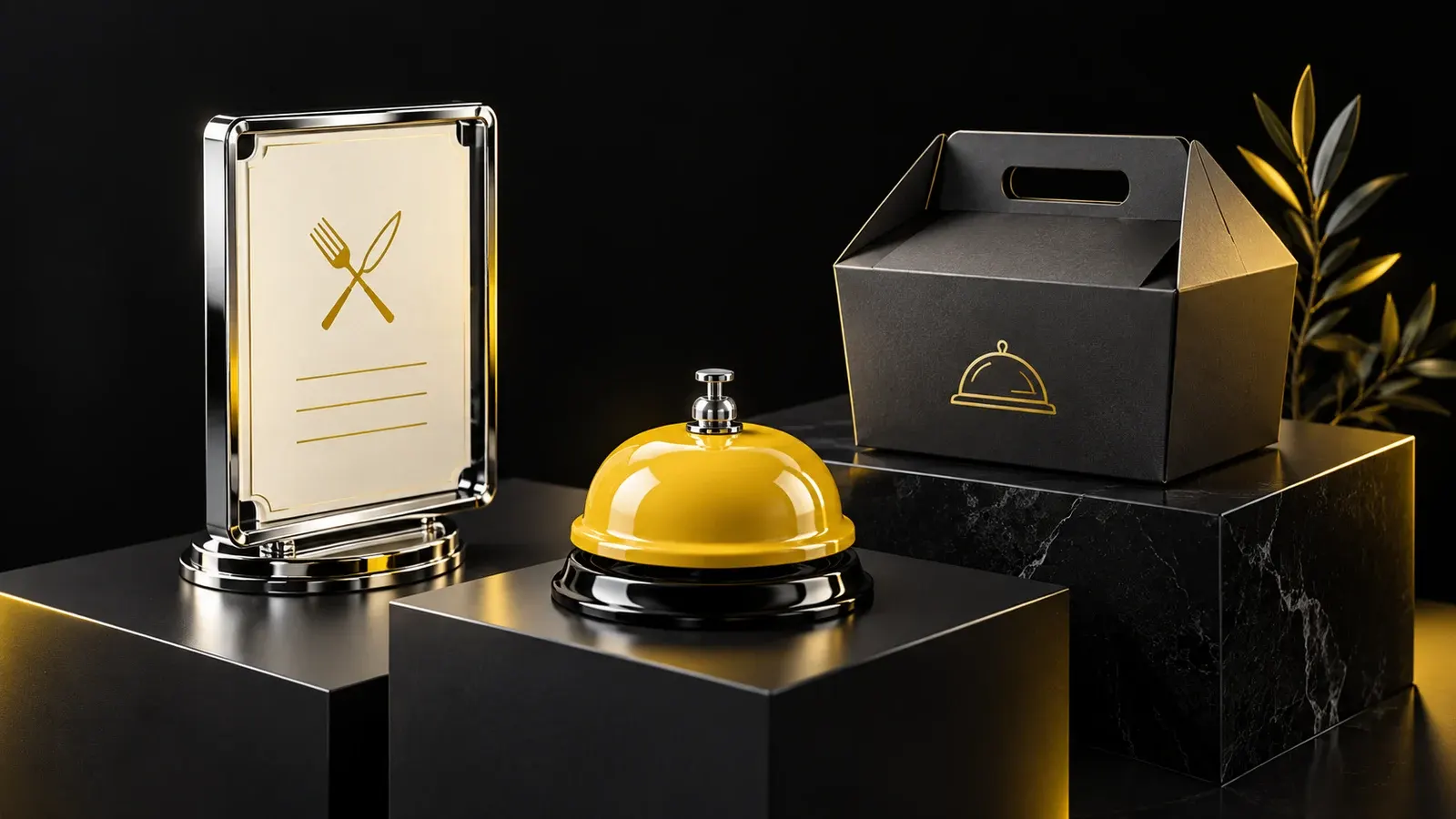 A chrome menu holder, yellow reservation bell and dark takeaway box on stepped plinths.