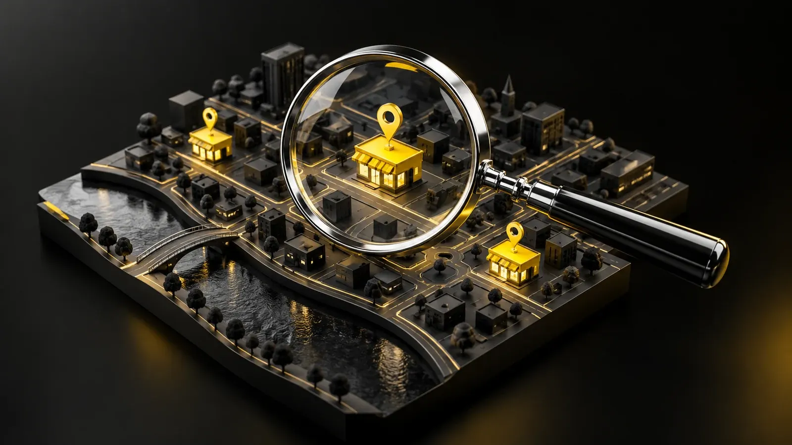 A chrome magnifying glass hovers over a dark street map with yellow shop blocks.