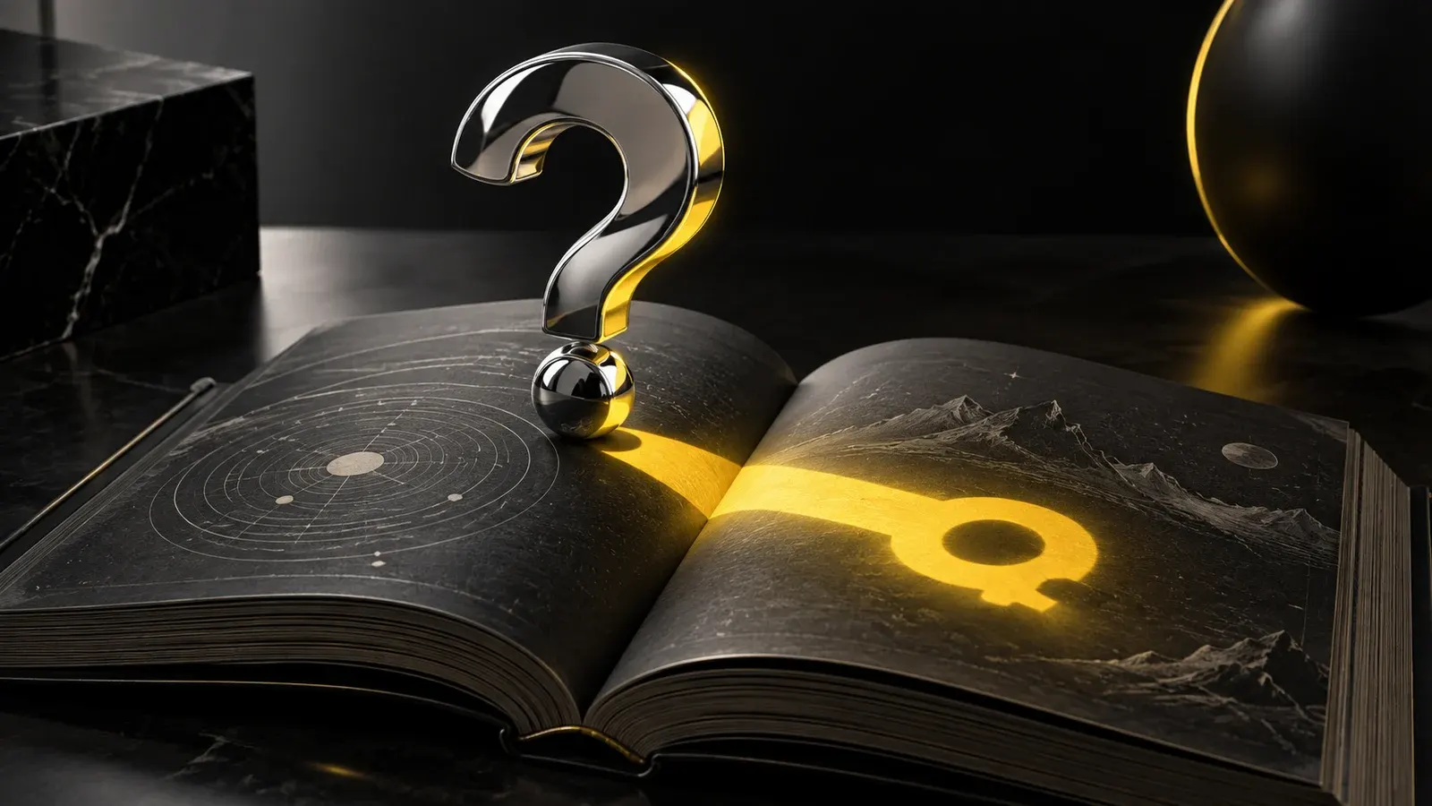 A chrome question mark casts a yellow shadow onto an open dark book.