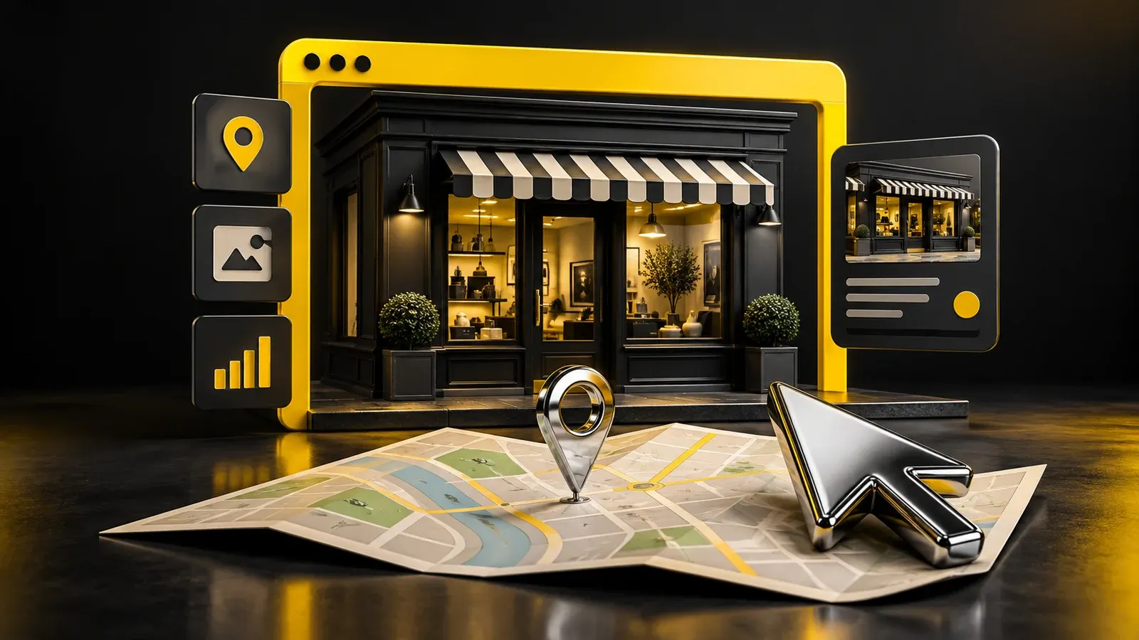 A yellow browser frame in front of a dark storefront model, with a chrome cursor on a map.