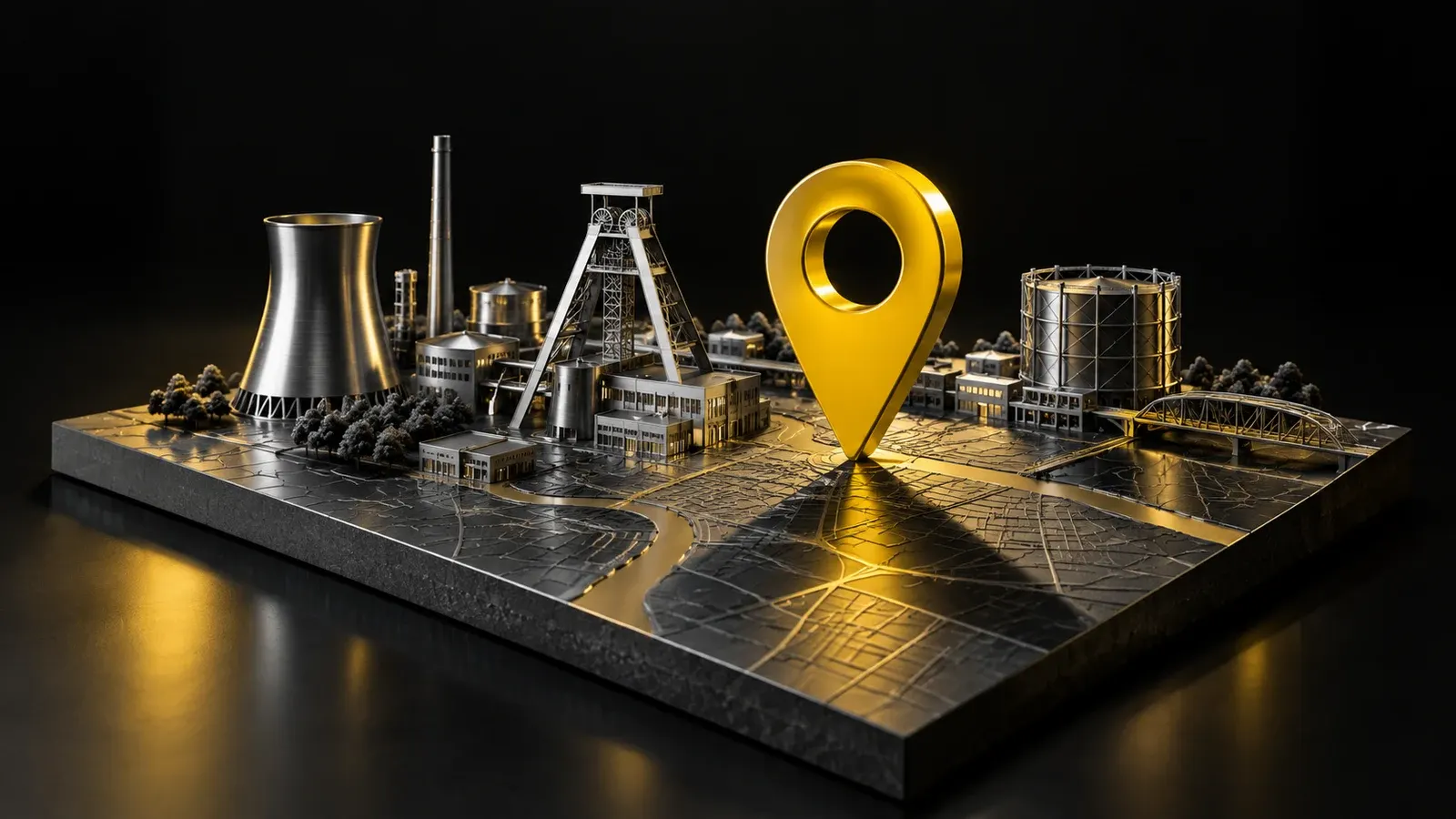 An abstract chrome industrial skyline with a yellow location pin on a dark street grid.