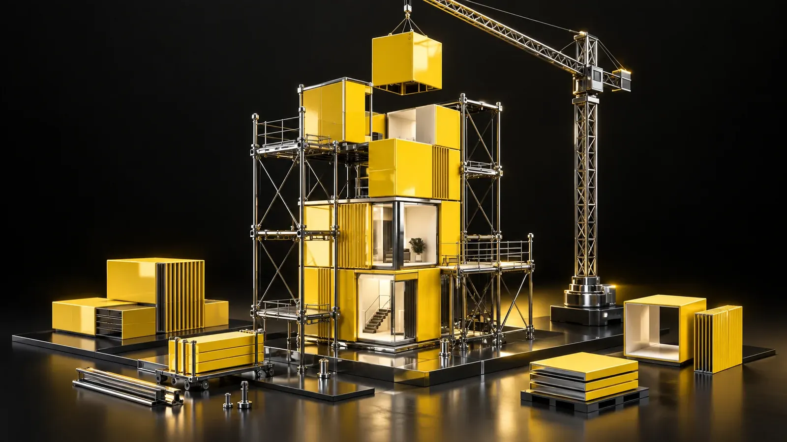 Ein Chromgerüst trägt einen teilweise aufgebauten gelben Modulturm.