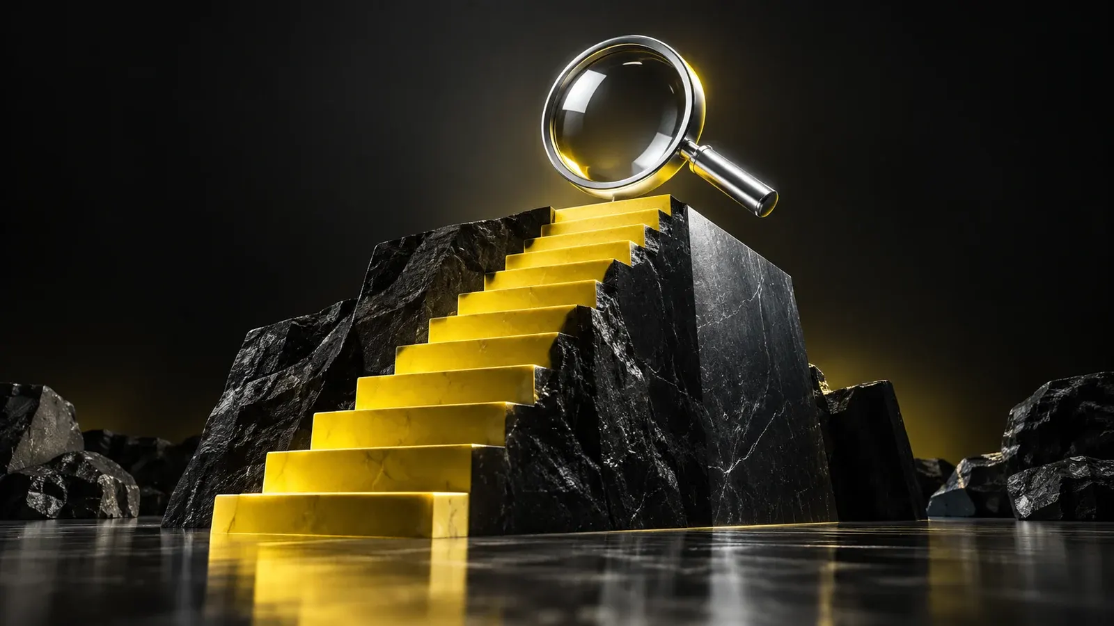 Eine gelbe Treppe in einem schwarzen Monolithen, darüber eine schwebende Chromlupe.