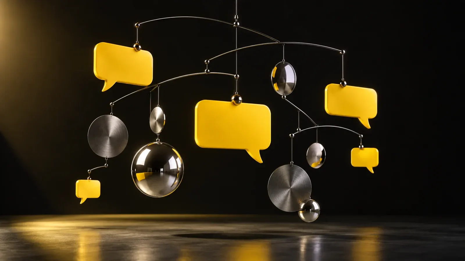 A branching mobile of yellow conversation tiles and round chrome discs on fine wires.