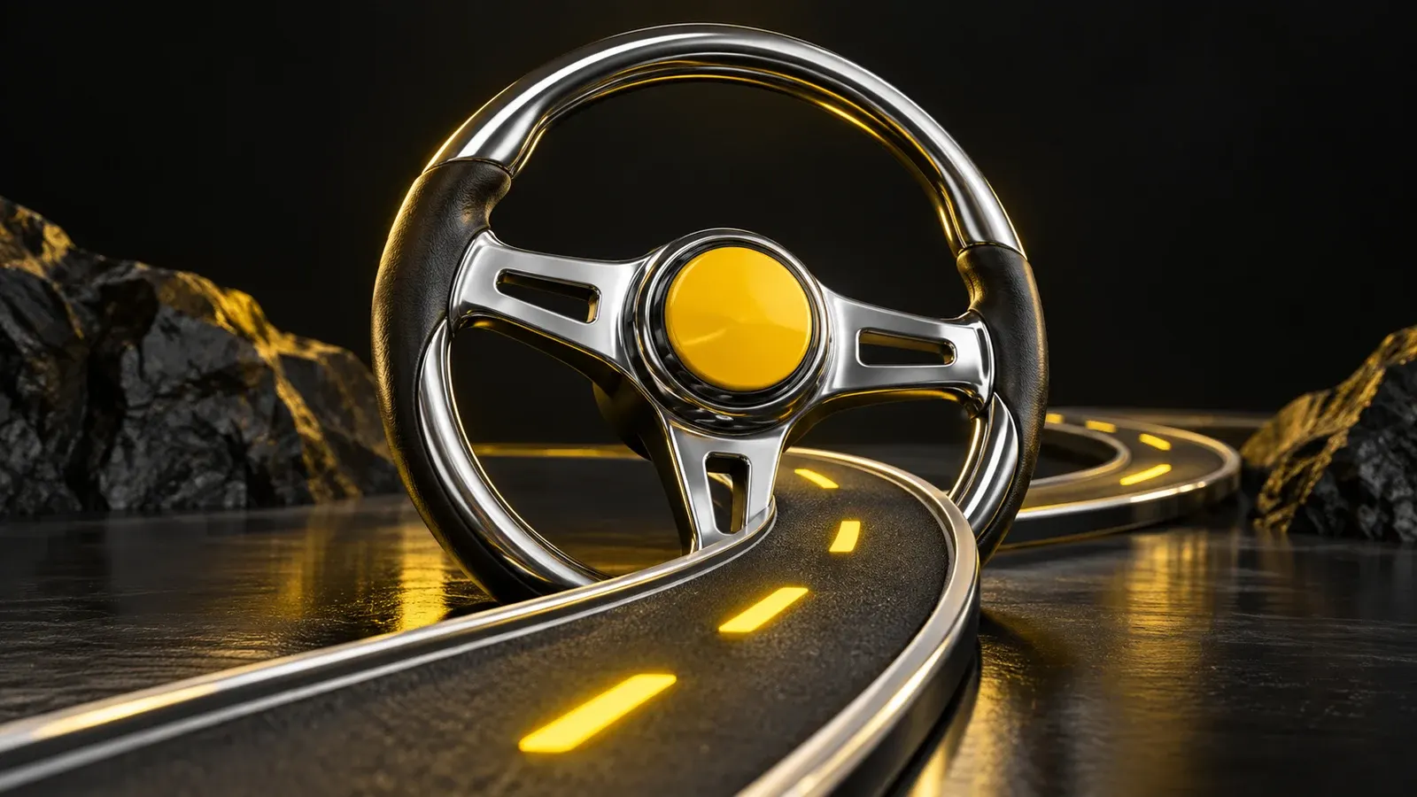 A chrome steering wheel with a yellow centre beside a dark model road with yellow markers.