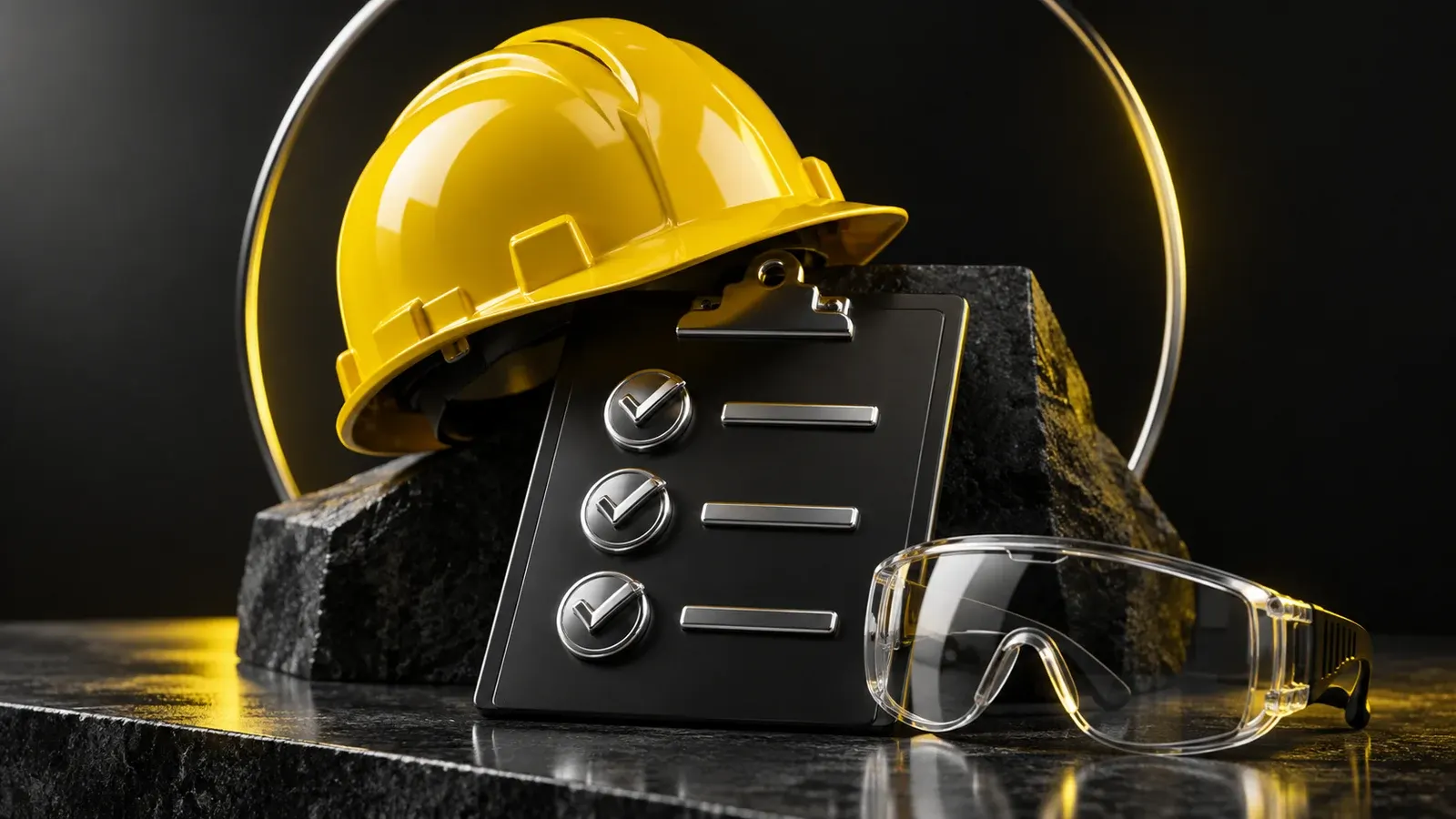 A yellow hard hat above a dark clipboard with chrome toggles and clear protective goggles.