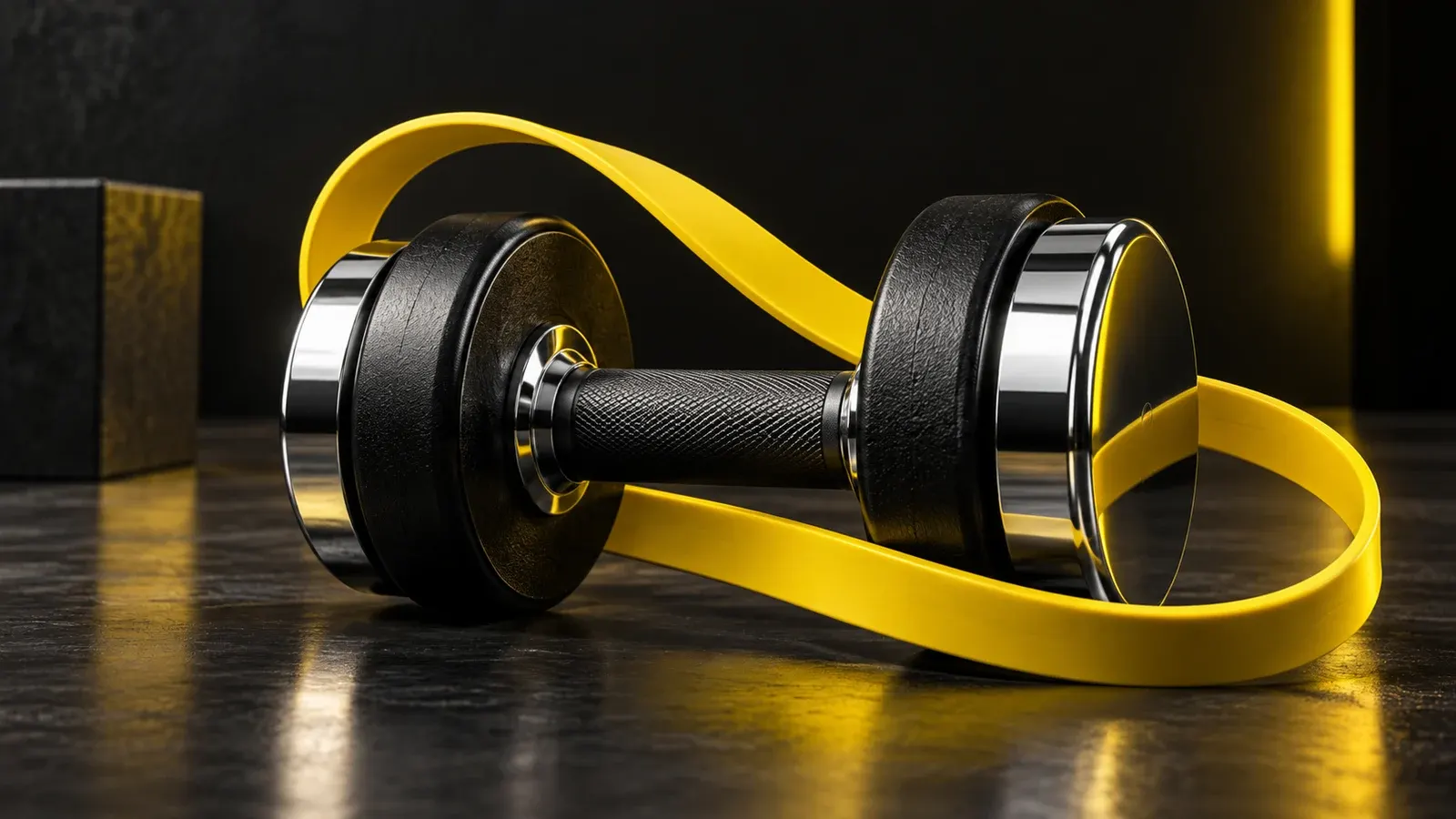 A dark dumbbell with chrome ends and a yellow resistance band forming a curved loop.