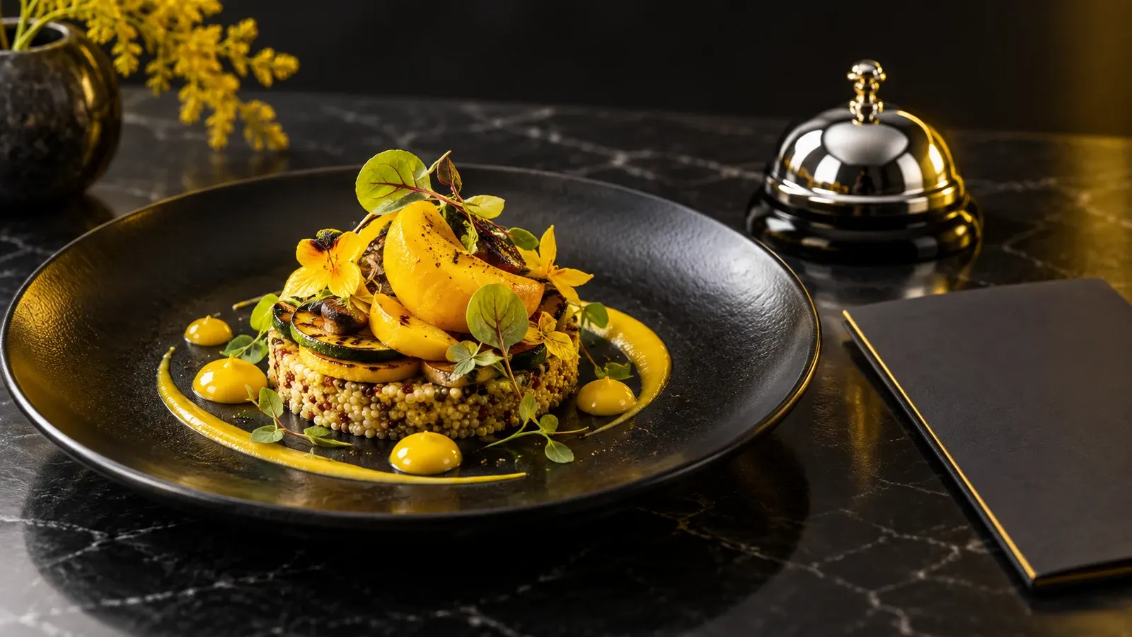A dish with yellow accents on a black plate beside a chrome bell and dark menu panel.