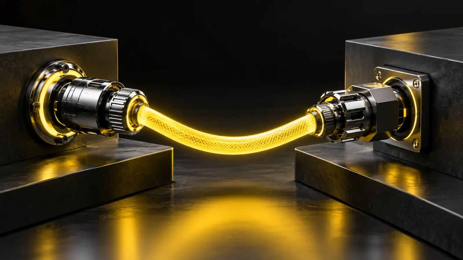 Ein gelbes Kabel verbindet verschiedene Chromanschlüsse auf zwei dunklen Plattformen.
