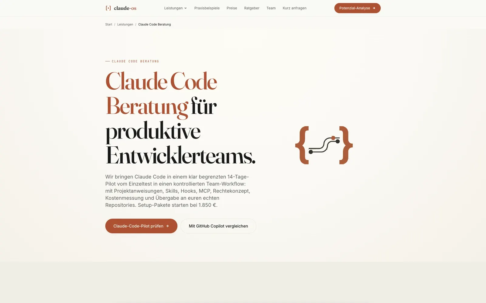 Claude-OS-Angebotsseite für Claude Code mit redaktioneller Typografie und Code-Illustration. Browseraufnahme vom 23. September 2026.