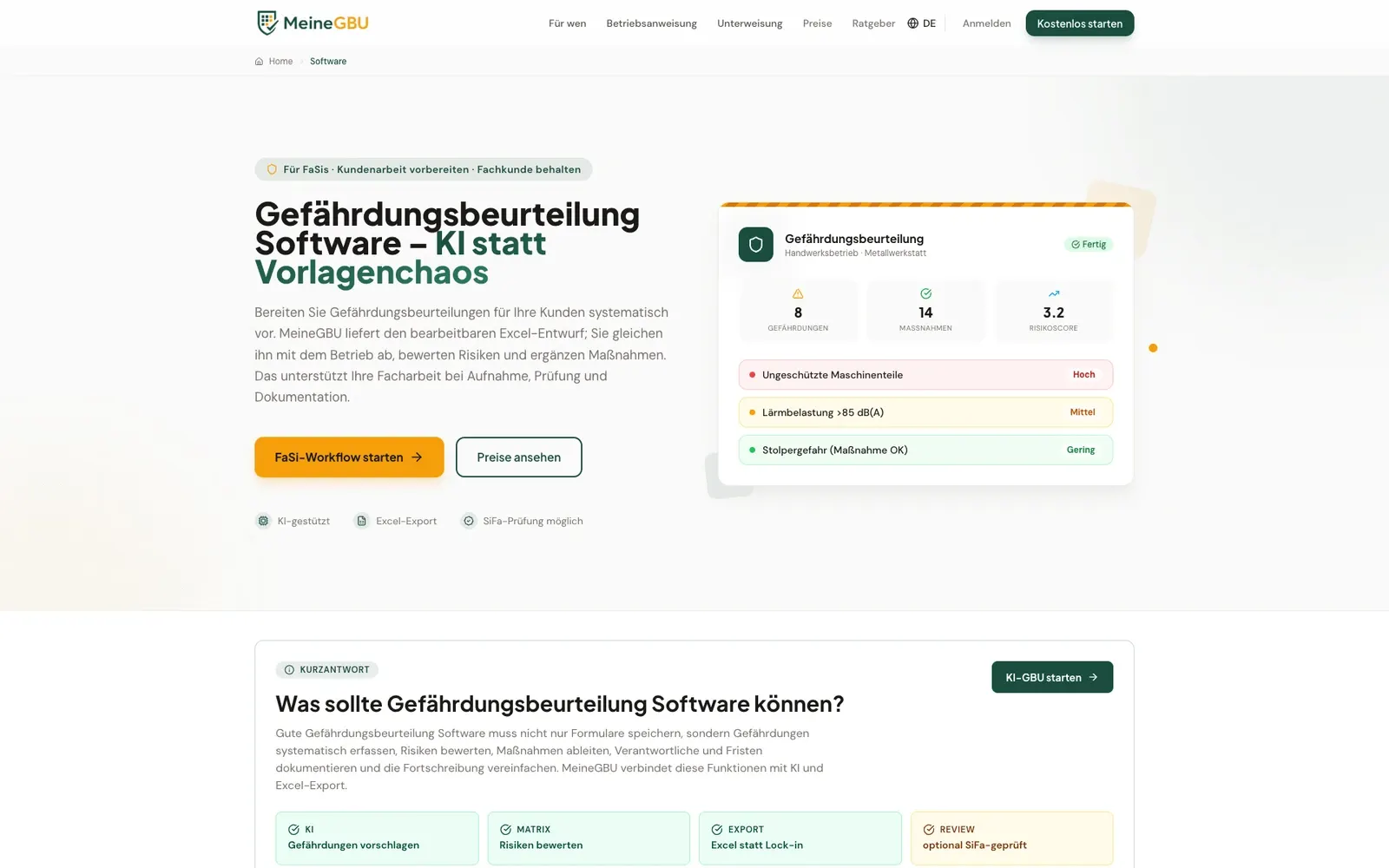 MeineGBU-Softwareseite für Fachkräfte mit Produktvorschau und verständlicher Funktionsübersicht. Browseraufnahme vom 23. September 2026.