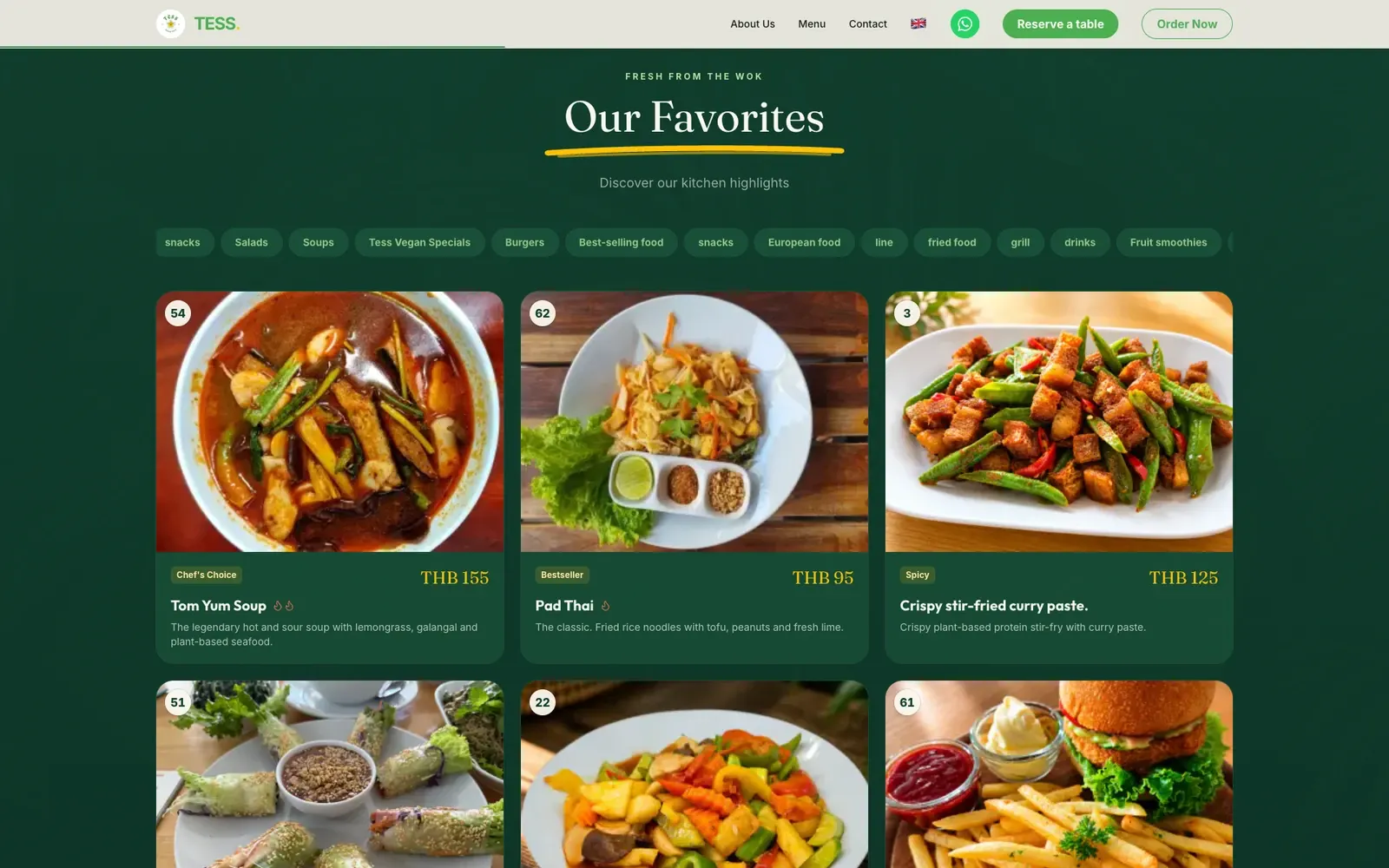 Current public Tess menu overview with categories, real dishes and prices. Browser capture from 23 September 2026.