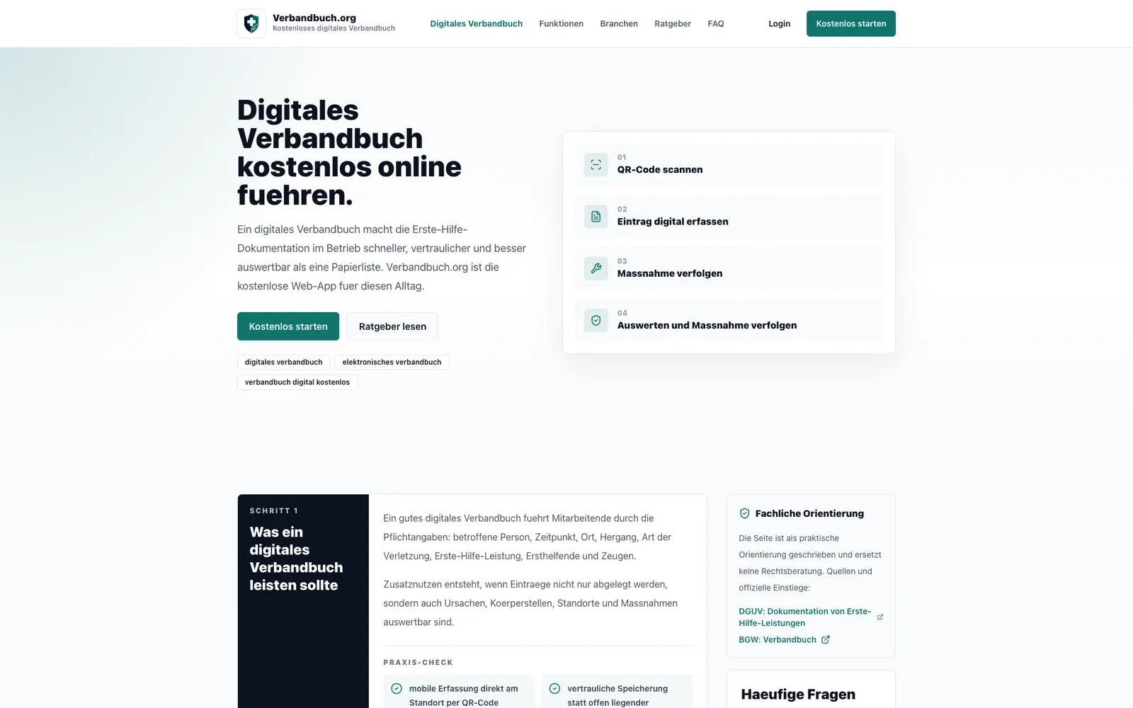 Verbandbuch.org-Seite zum digitalen Verbandbuch mit einem Ablauf vom QR-Code bis zur Auswertung. Browseraufnahme vom 23. September 2026.