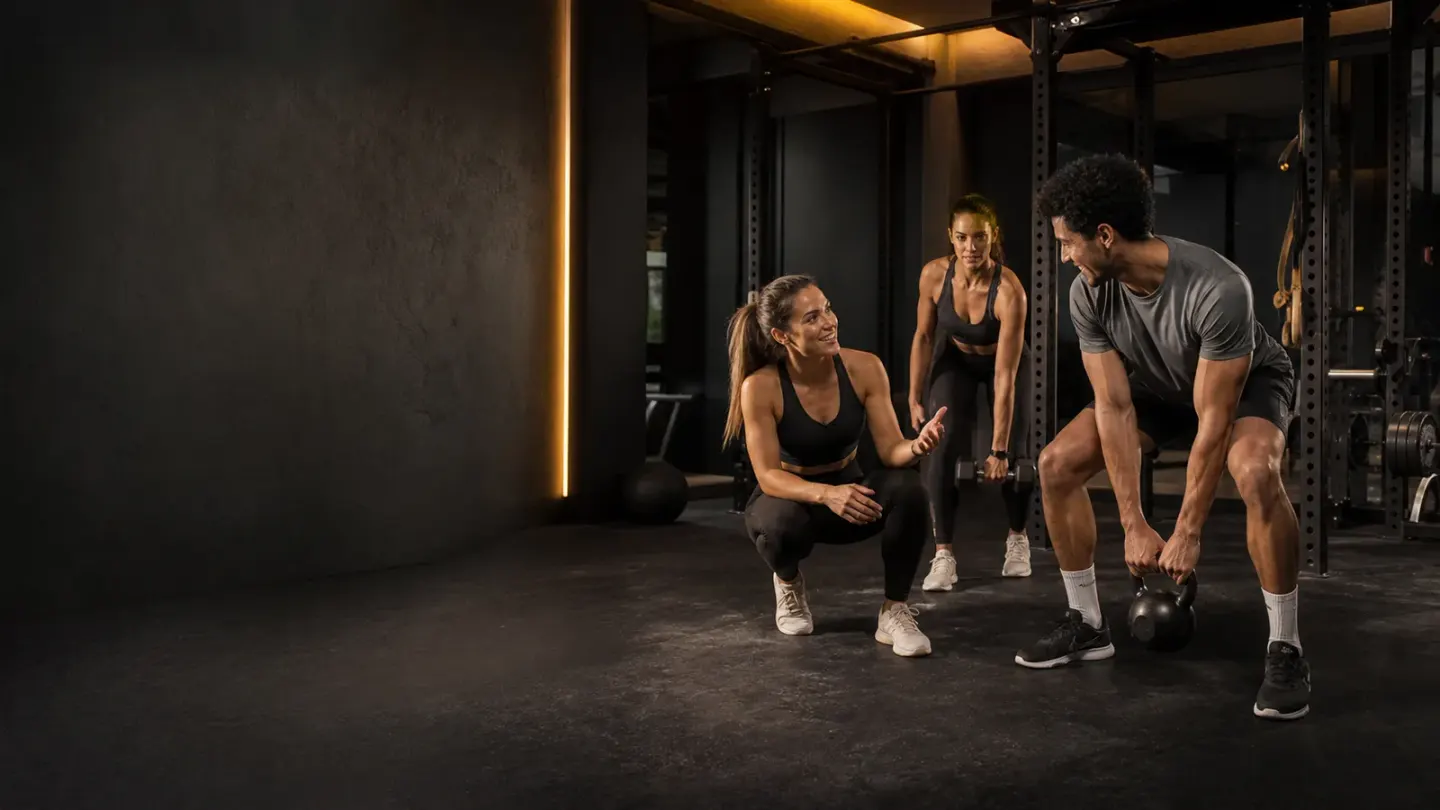A coach and members doing functional training in a modern boutique gym