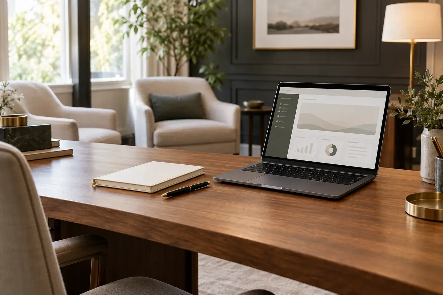 Illustrativer Arbeitsplatz mit Laptop und Notizbuch in einer zurückhaltend gestalteten Beratungsumgebung.