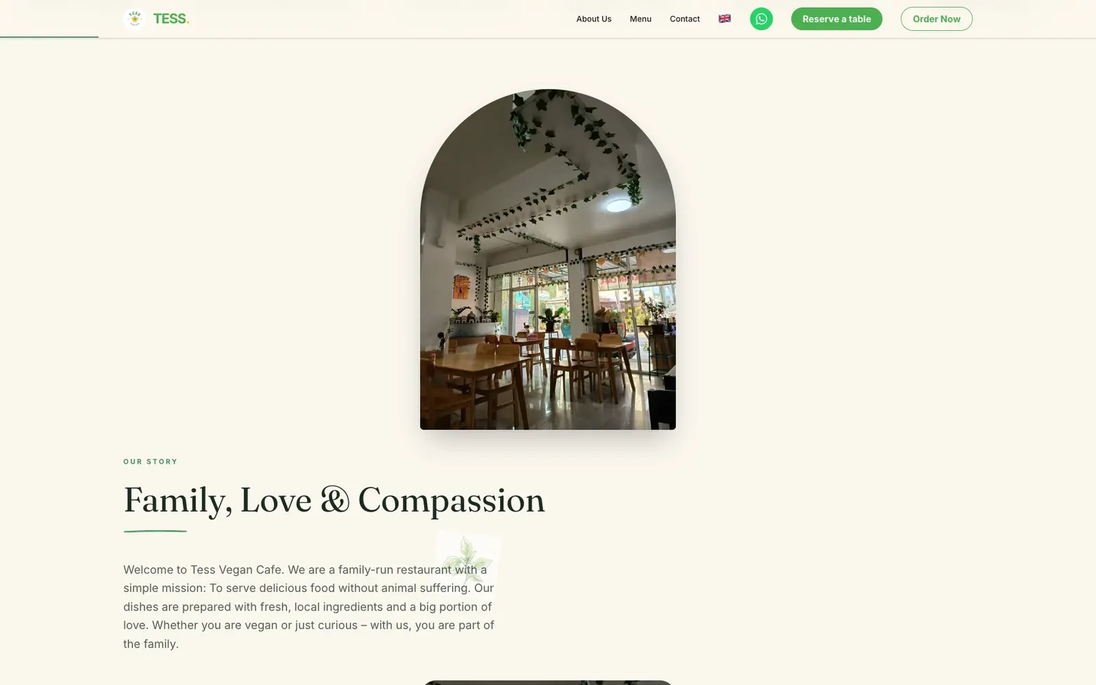 Public Tess Vegan Cafe story with an actual dining-room photograph in its reduced-motion view. Browser capture from 23 September 2026.