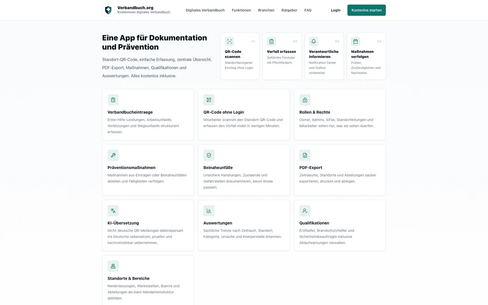 Öffentliche Verbandbuch.org-Funktionsübersicht zu QR-Meldungen, Rollen, Maßnahmen, PDF-Export und Auswertungen. Browseraufnahme vom 23. September 2026.
