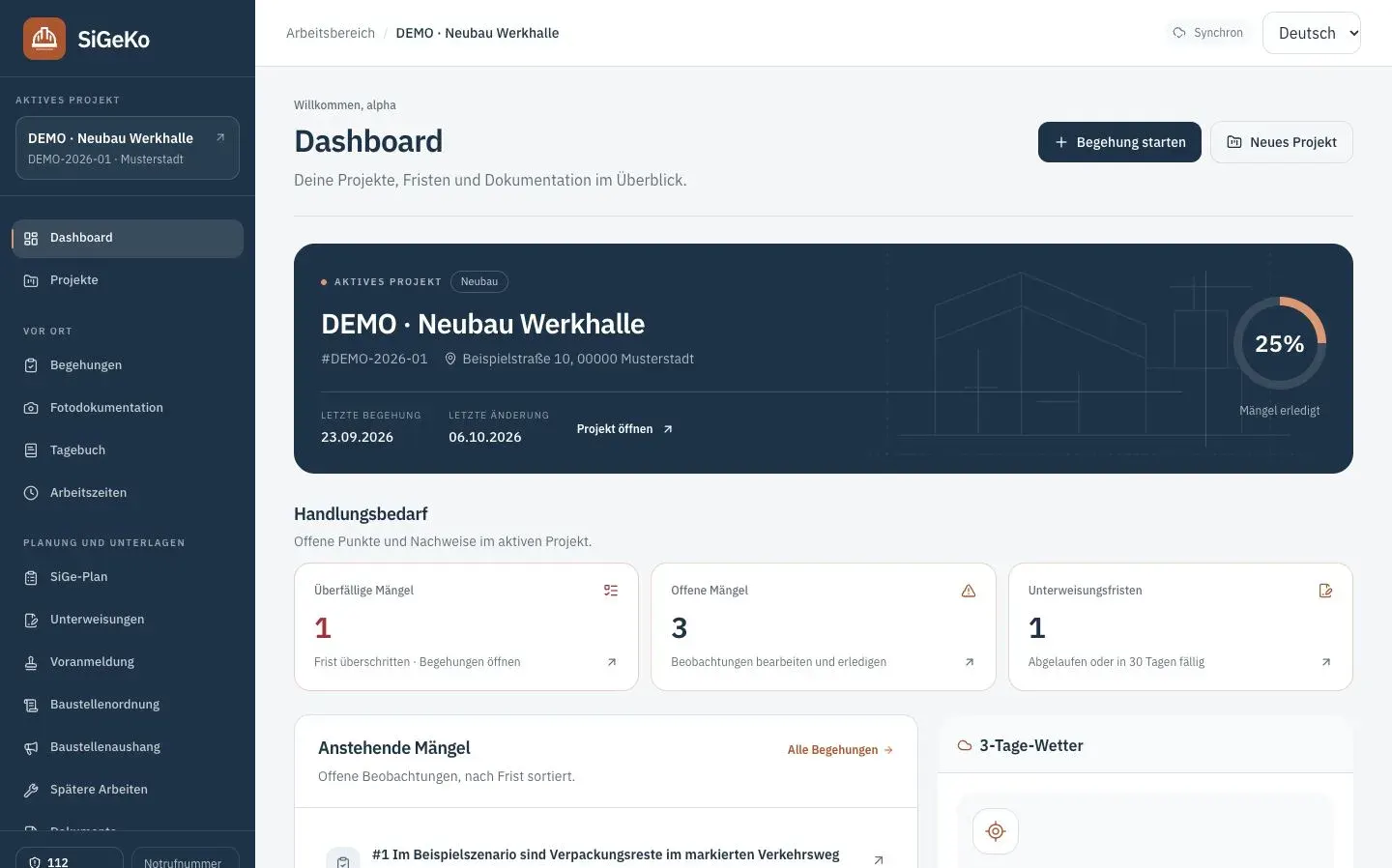 SiGeKo: Dashboard mit synthetischem Baustellenprojekt und Übersicht der Dokumentation. Echte lokale Browseraufnahme mit synthetischen Testdaten.