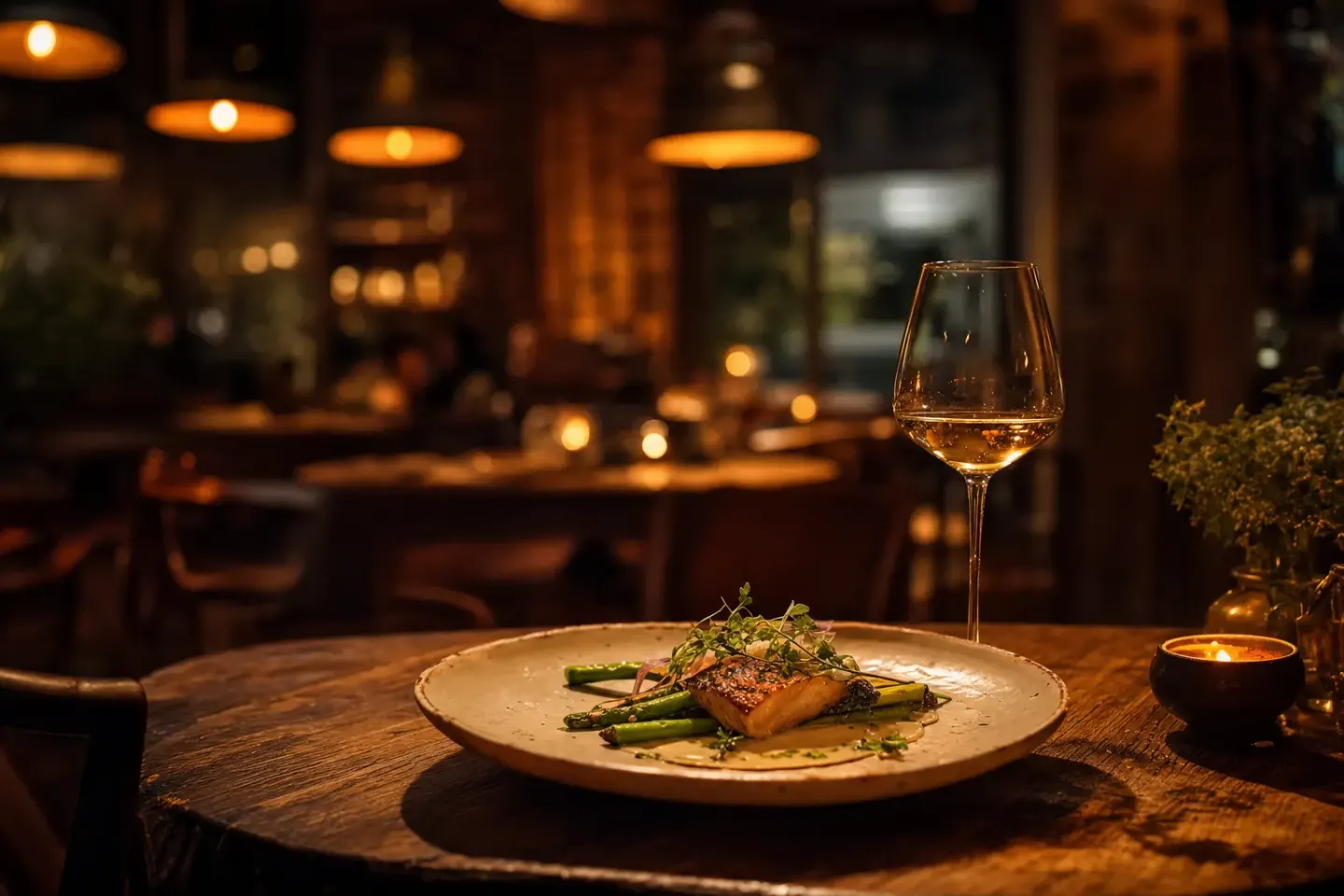 Atmospheric restaurant in the evening, with candlelight and a laid table