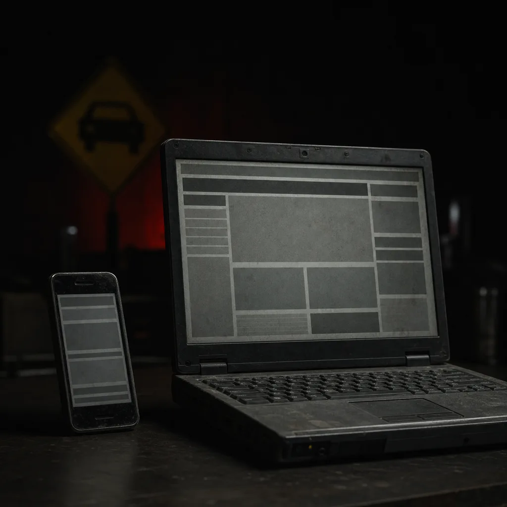 Veraltete Fahrschul-Website ohne Online-Anmeldung auf altem Laptop und Smartphone