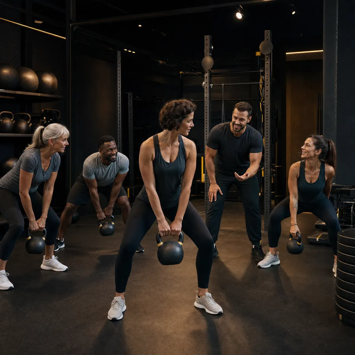 Diverse Trainingsgruppe mit Coach in einem modernen Boutique-Studio