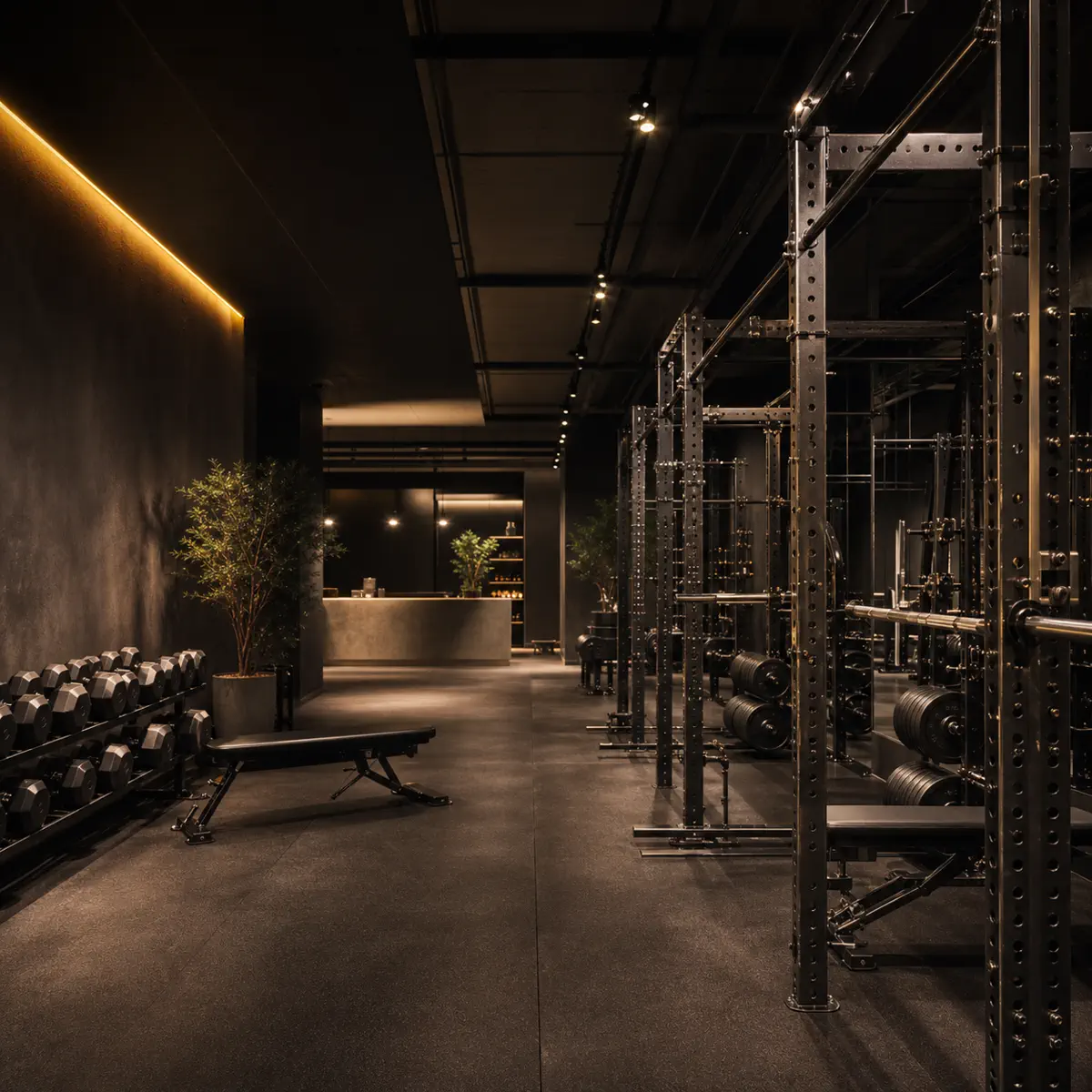 Hochwertig ausgestattetes, aber ungenutztes Fitnessstudio am Abend